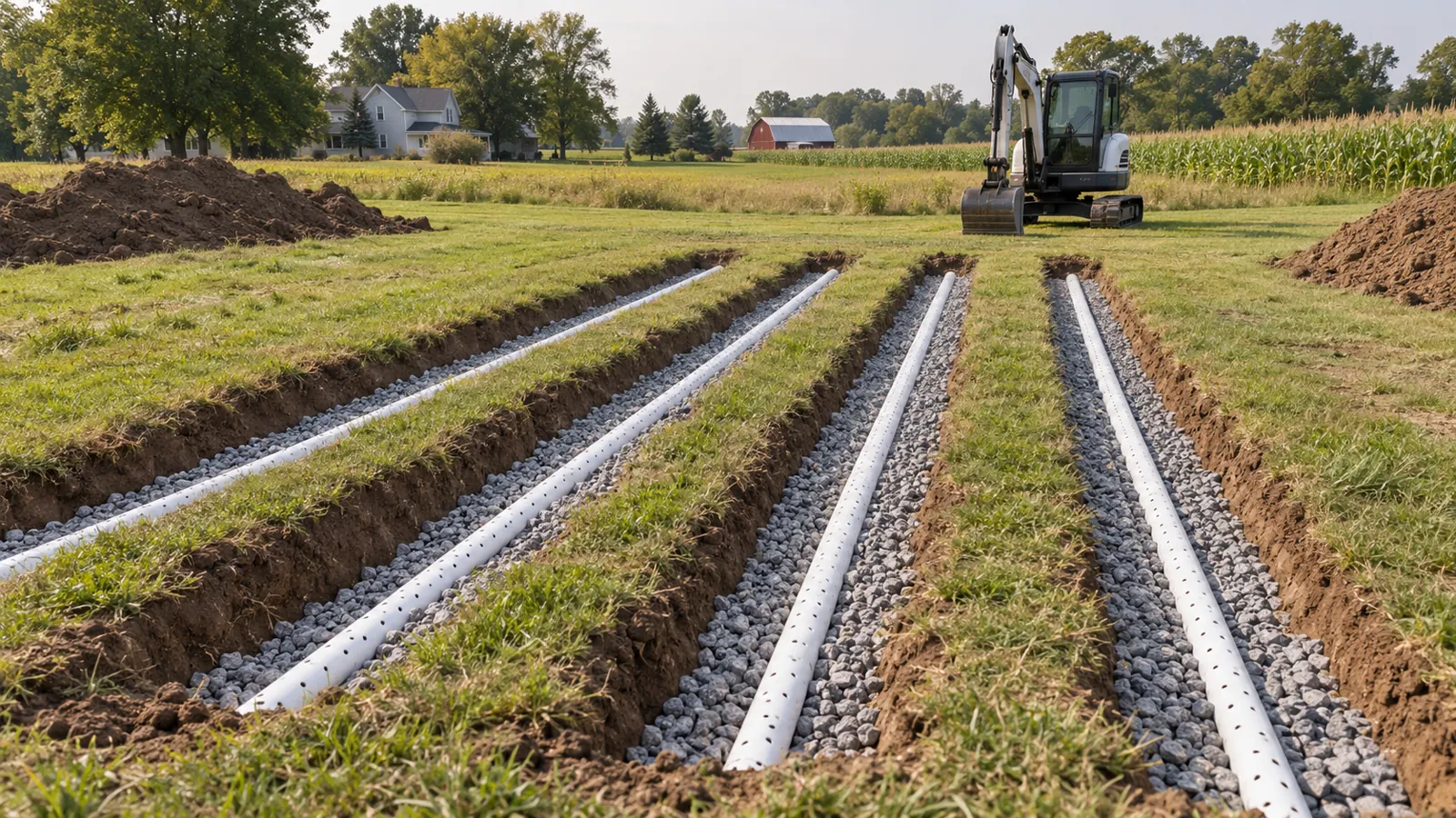 Parallel drain field trenches with clean stone and perforated pipe on an open lawn in late-summer haze