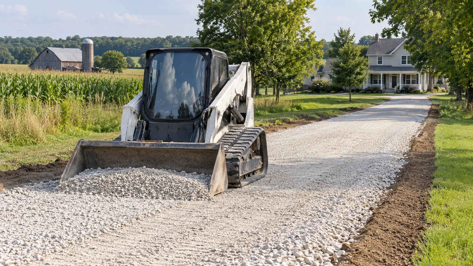 Compact track loader spreading crushed stone for a new gravel driveway base in late-summer haze