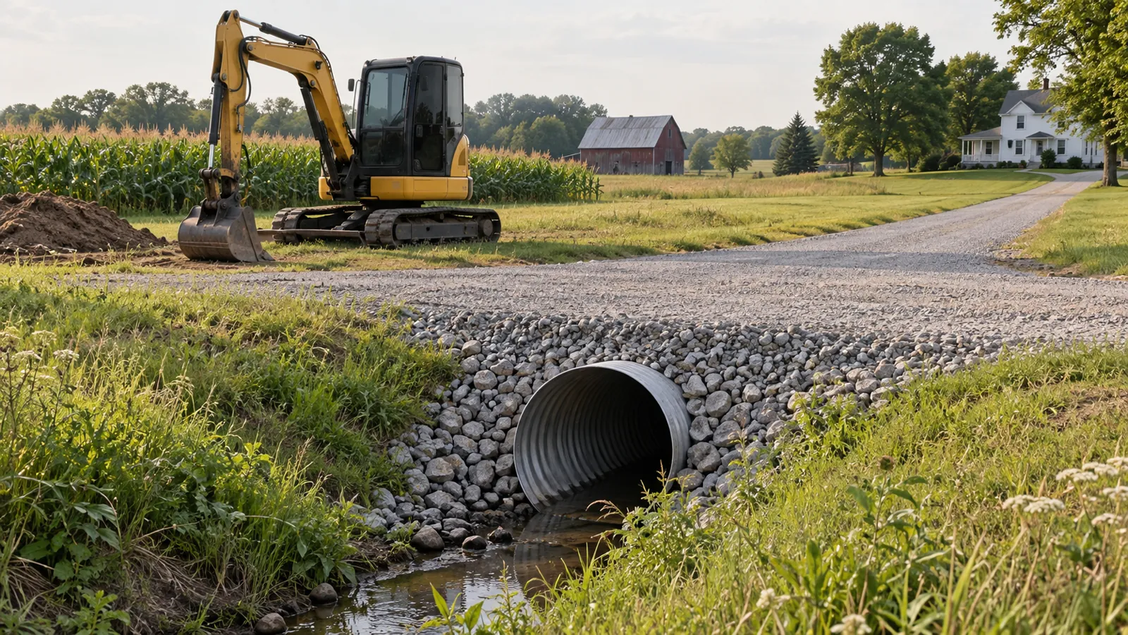 Culvert pipe set in a roadside ditch under a new gravel driveway approach in late-summer haze