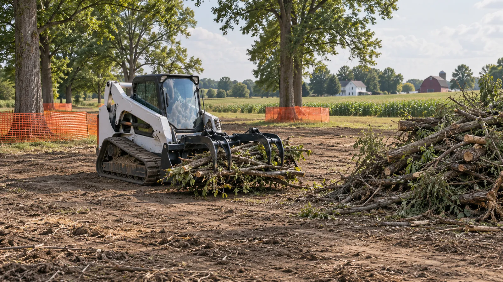 Track loader with a grapple piling cut brush on a partly cleared lot with trees protected in late-summer haze