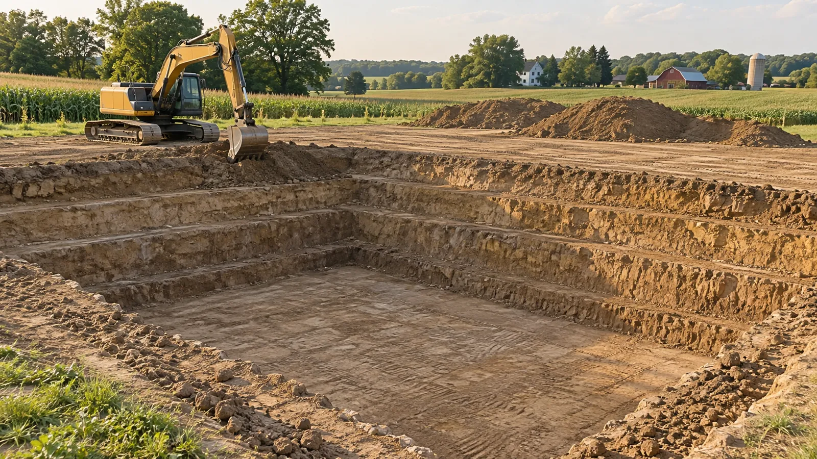 Excavator digging a basement for a new house with spoil set back from the edge in late-summer haze
