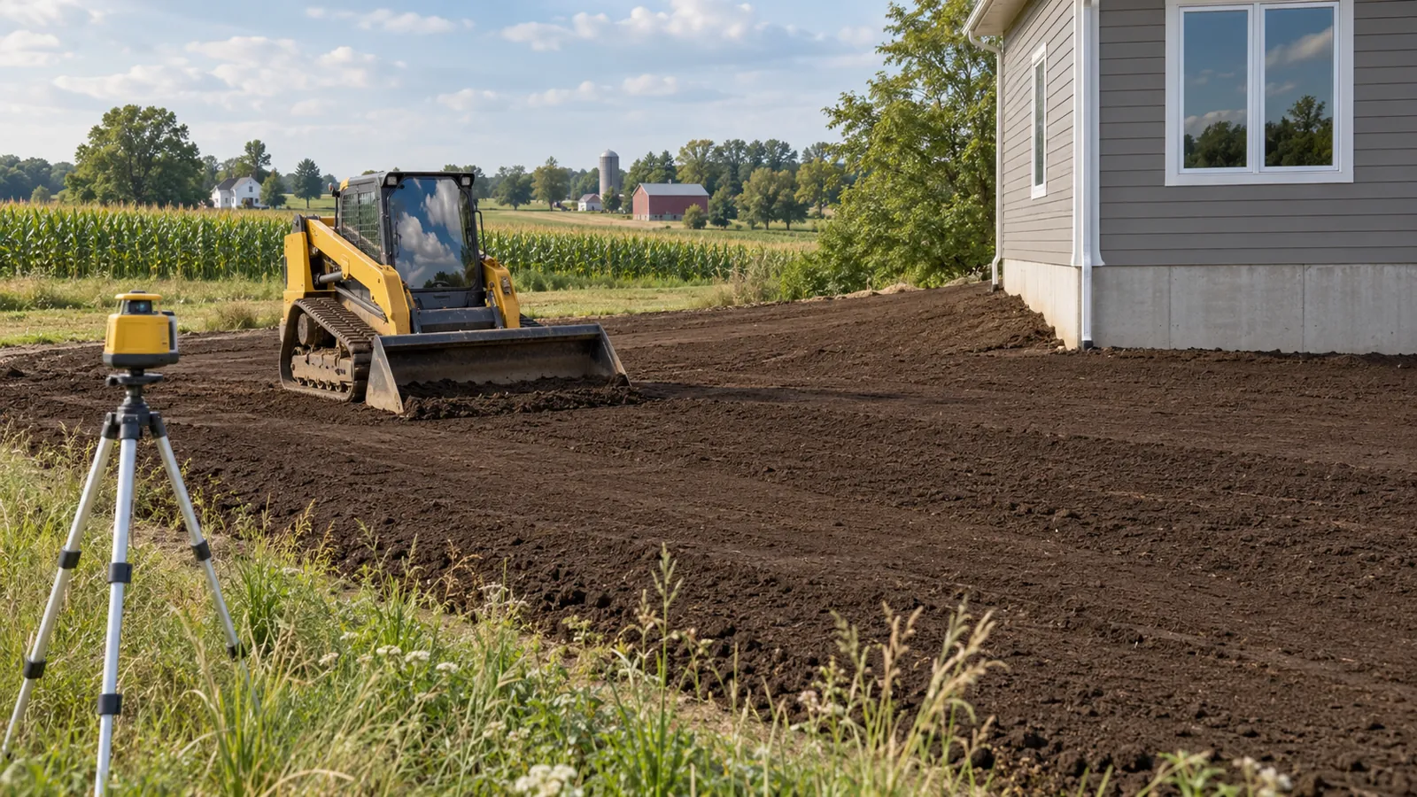 Compact track loader leveling topsoil so the yard slopes away from a new house in late-summer haze