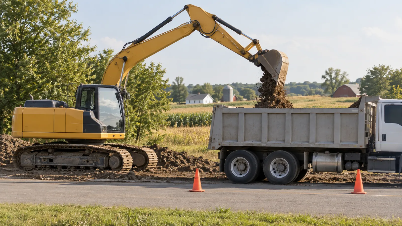Excavator loading excavated soil into a plain dump truck at the edge of a rural lot in late-summer haze