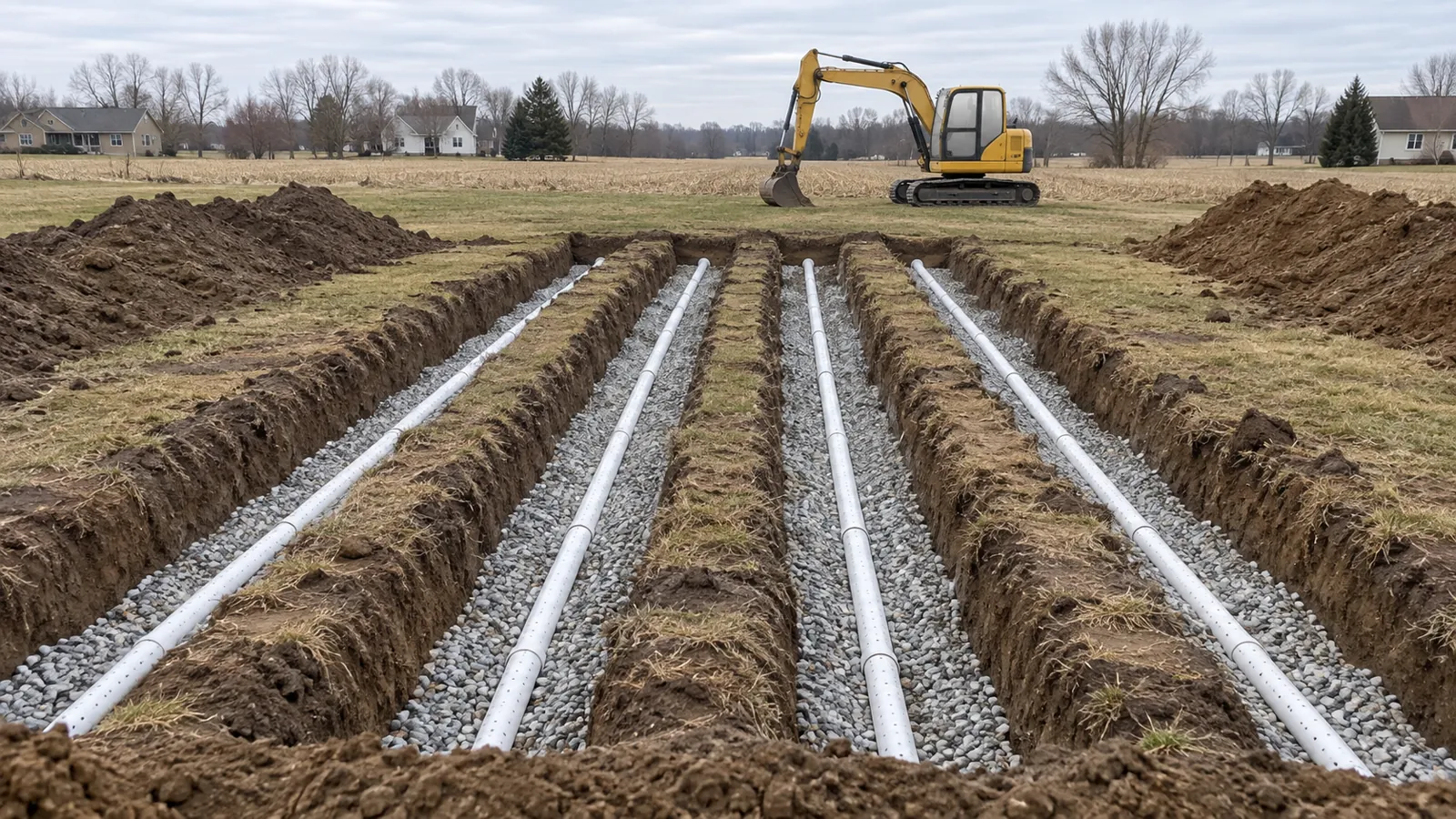 Parallel drain field trenches with clean stone and perforated pipe on an open lawn next to harvested fields