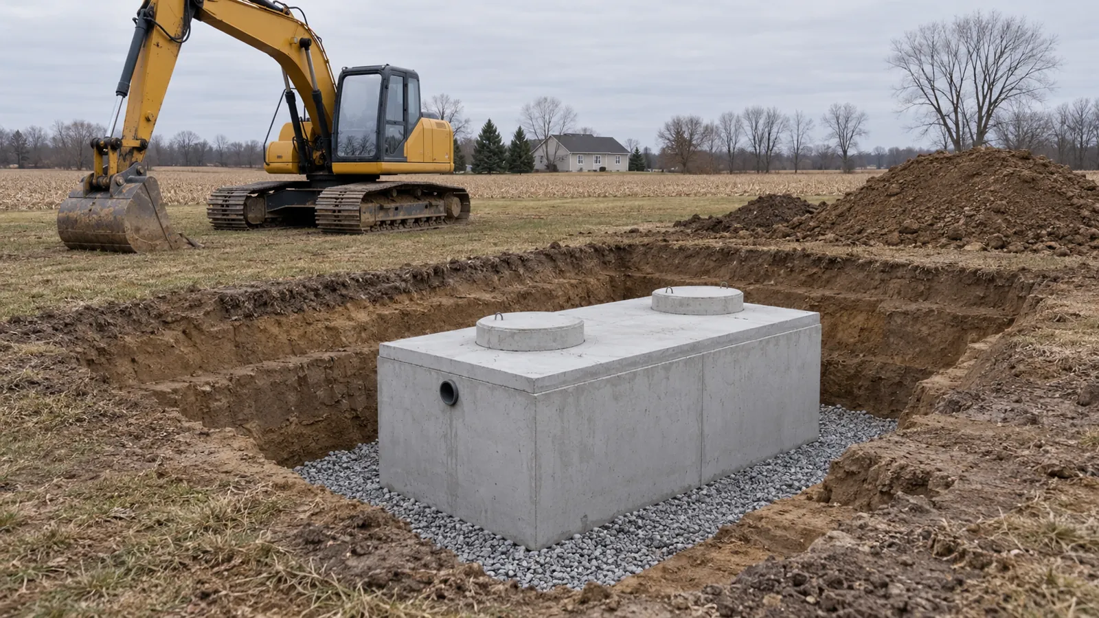 New precast septic tank set level in a neat excavation beside a parked excavator next to harvested fields