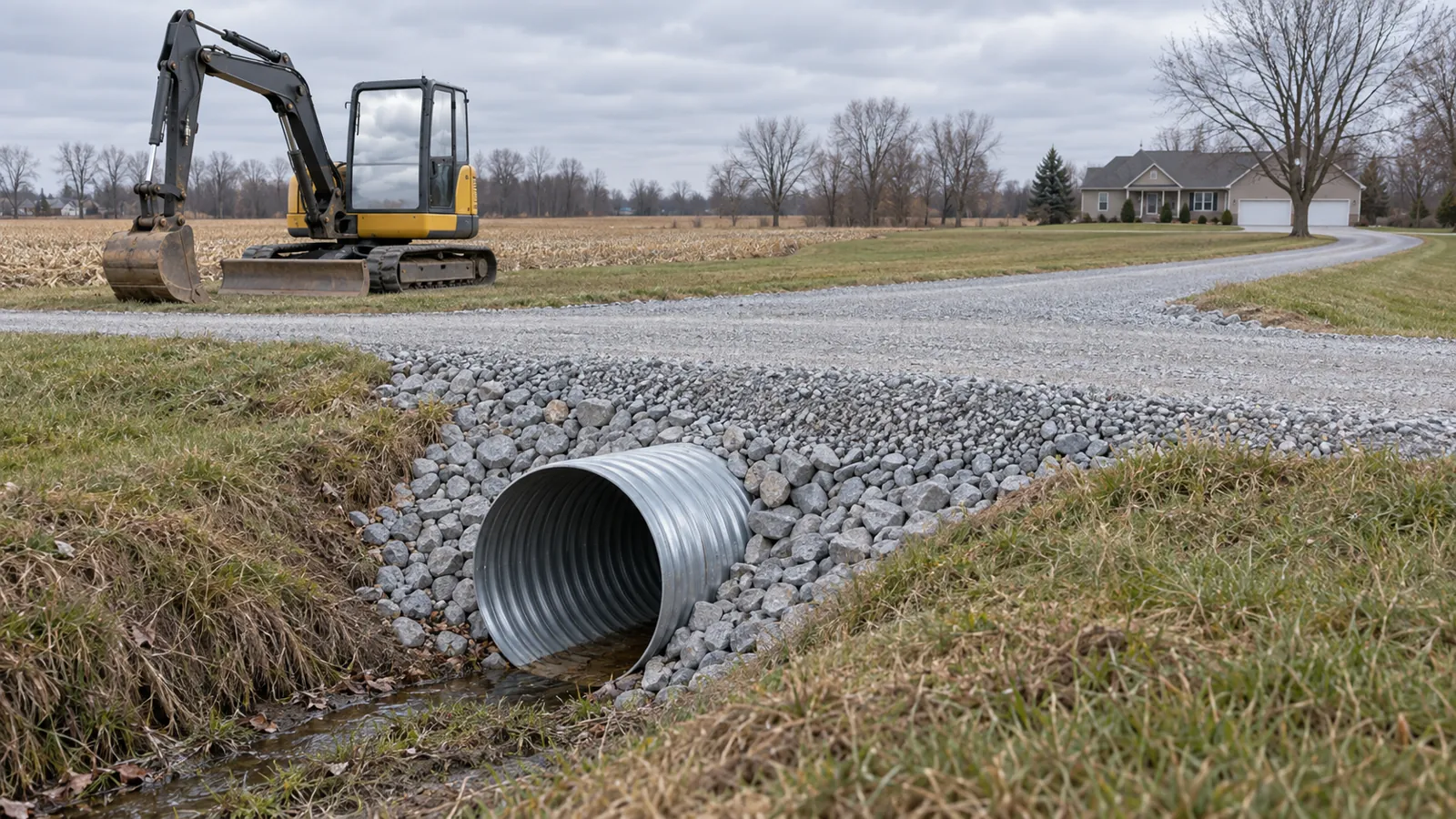 Culvert pipe set in a roadside ditch under a new gravel driveway approach next to harvested fields