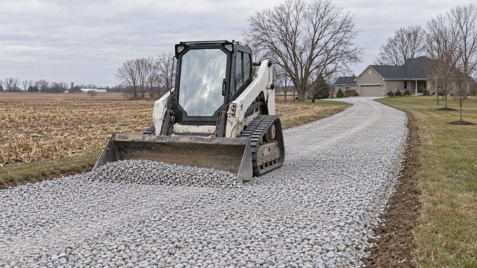 Compact track loader spreading crushed stone for a new gravel driveway base next to harvested fields