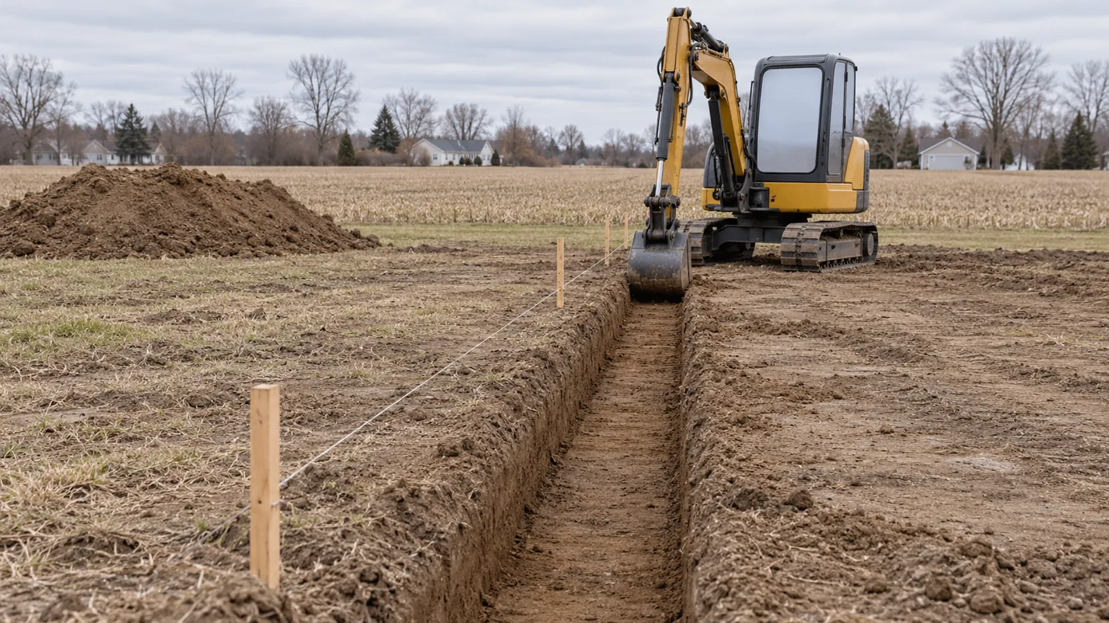 Compact excavator cutting a footing trench beside layout stakes and a string line next to harvested fields