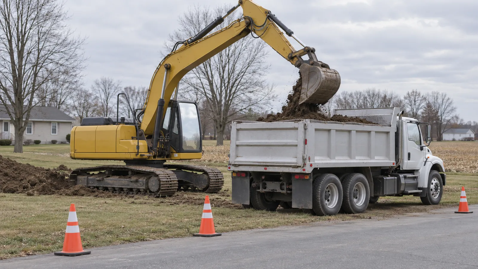 Excavator loading excavated soil into a plain dump truck beside a residential lot next to harvested fields