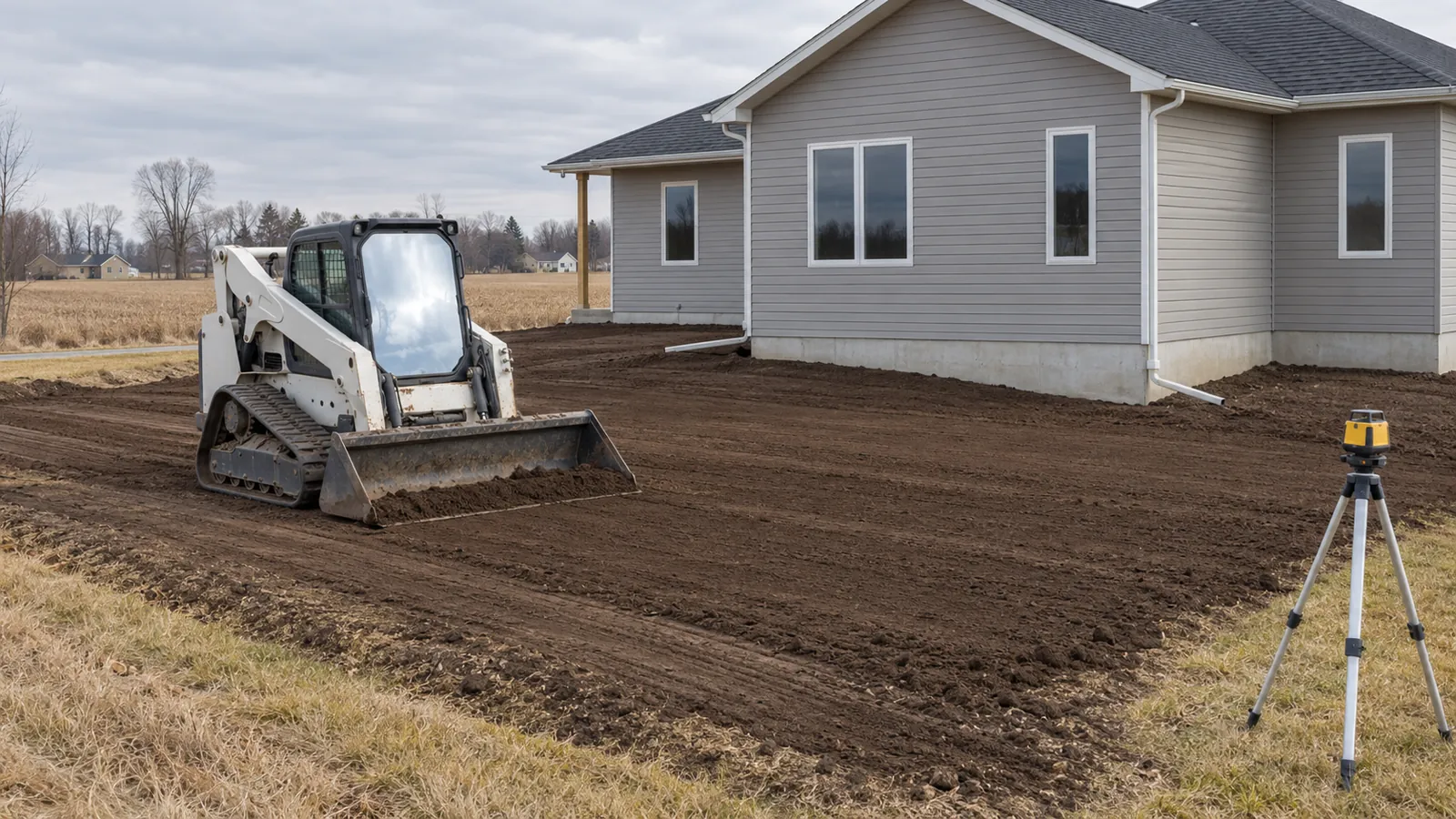 Compact track loader leveling topsoil so the yard slopes away from a new house next to harvested fields