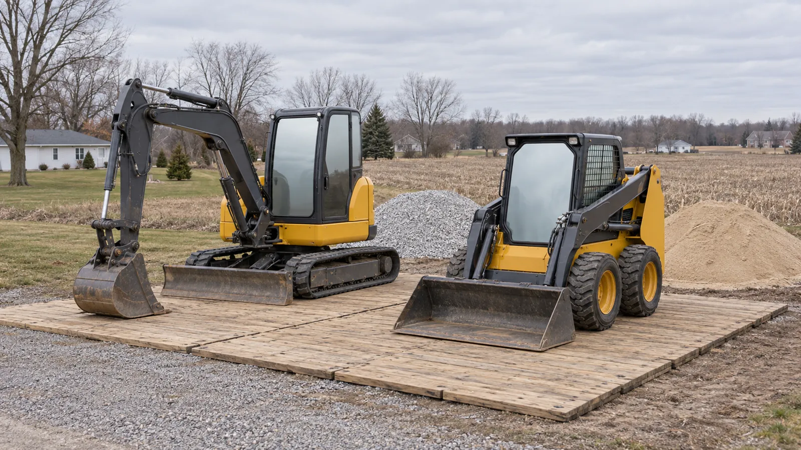 Compact excavator and skid steer parked on timber mats beside stone and sand piles next to harvested fields