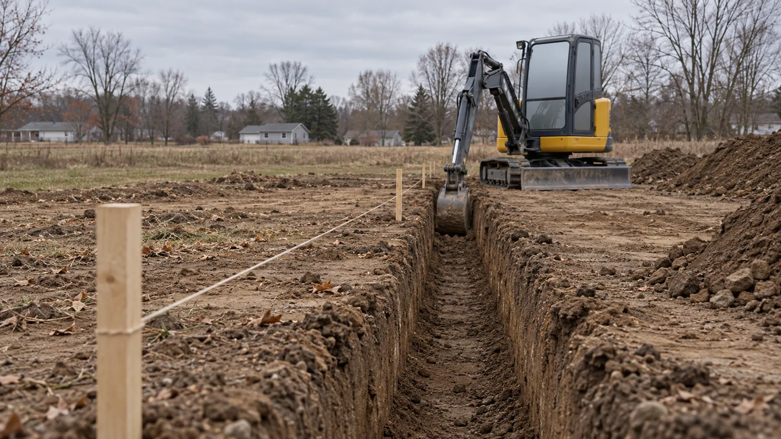 Compact excavator cutting a footing trench beside layout stakes and a string line under late-fall overcast