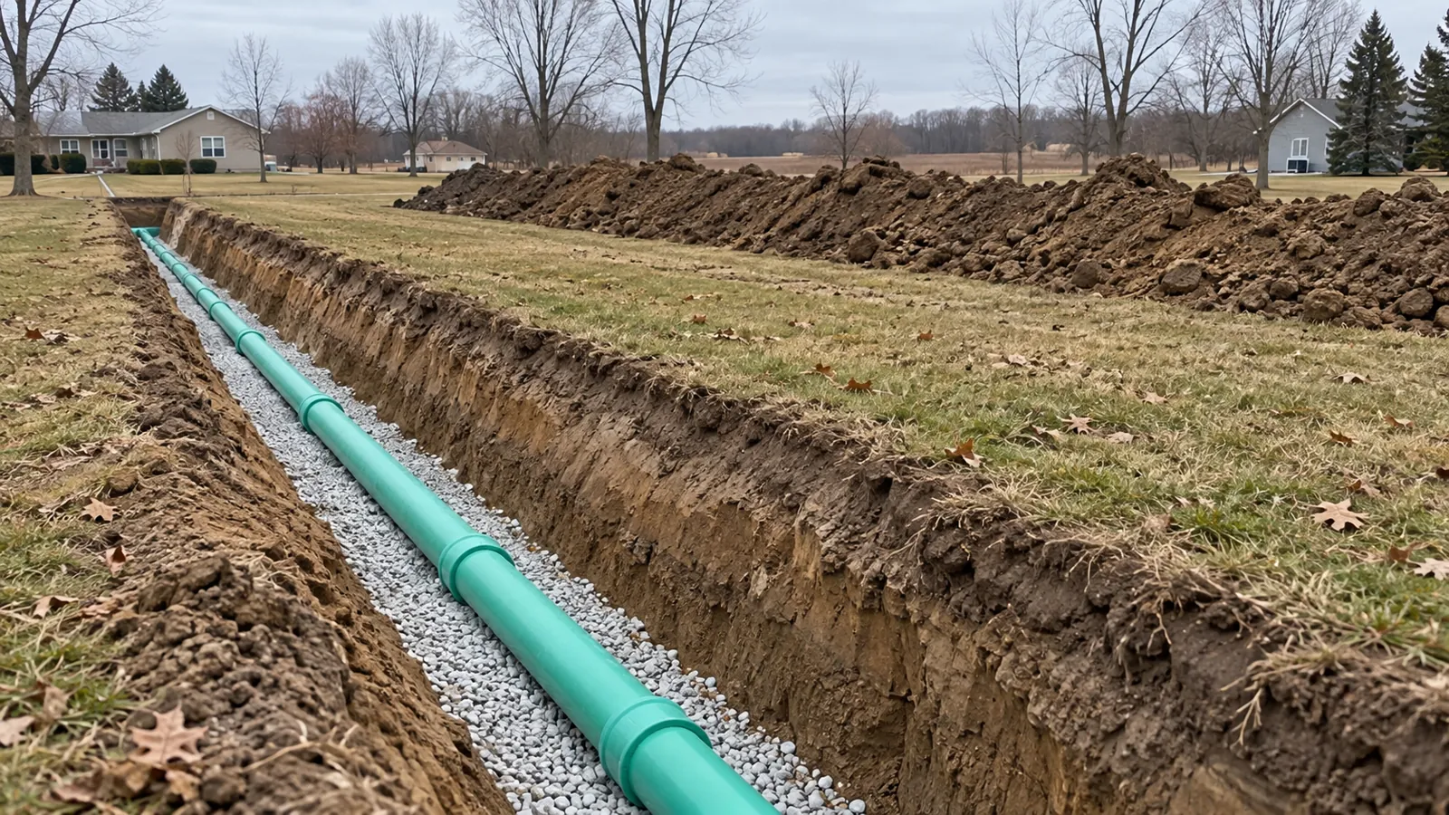 Open trench with sewer pipe on crushed-stone bedding across a yard under late-fall overcast