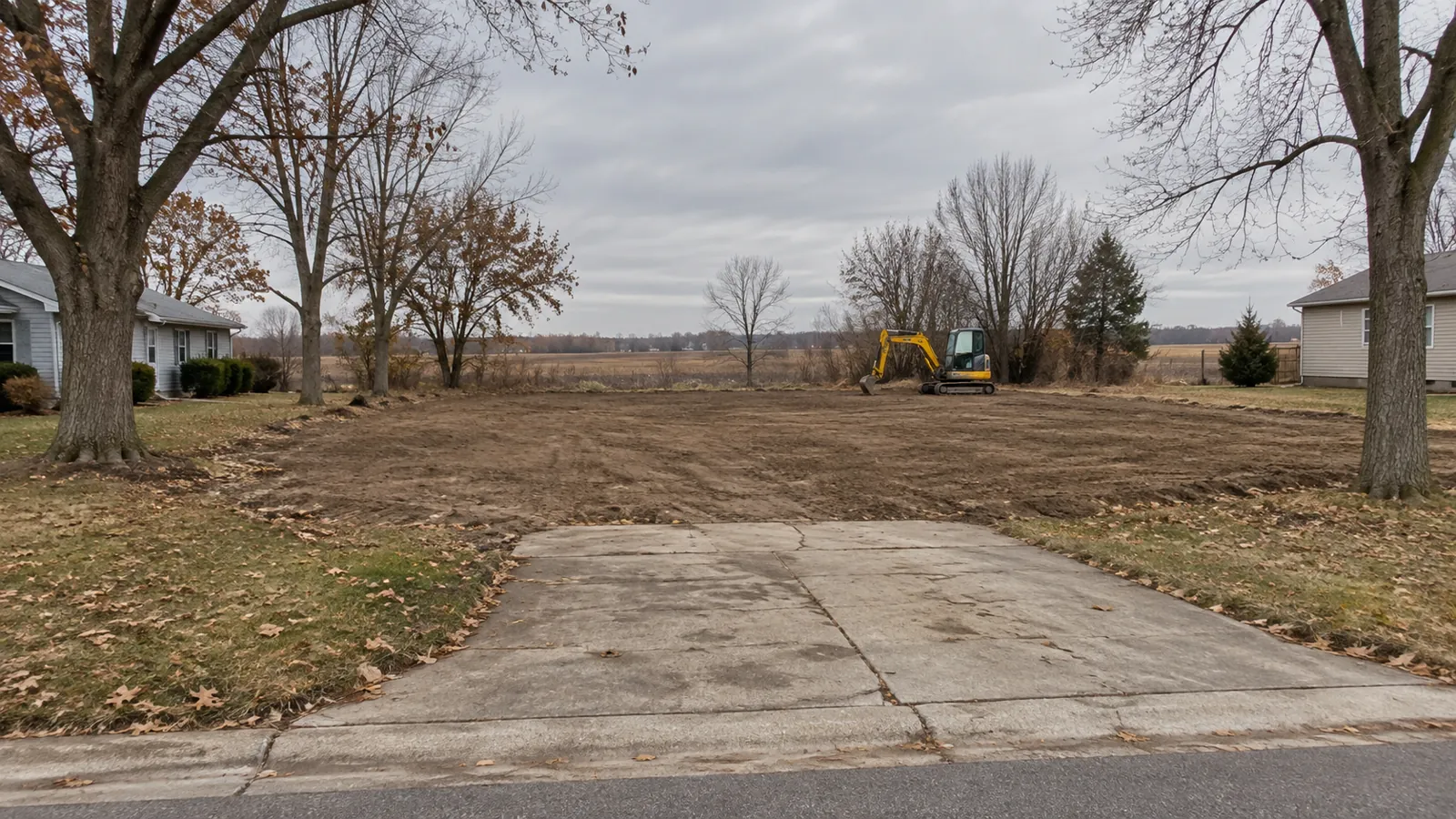 Rough-graded lot with fresh fill where an old house was removed under late-fall overcast