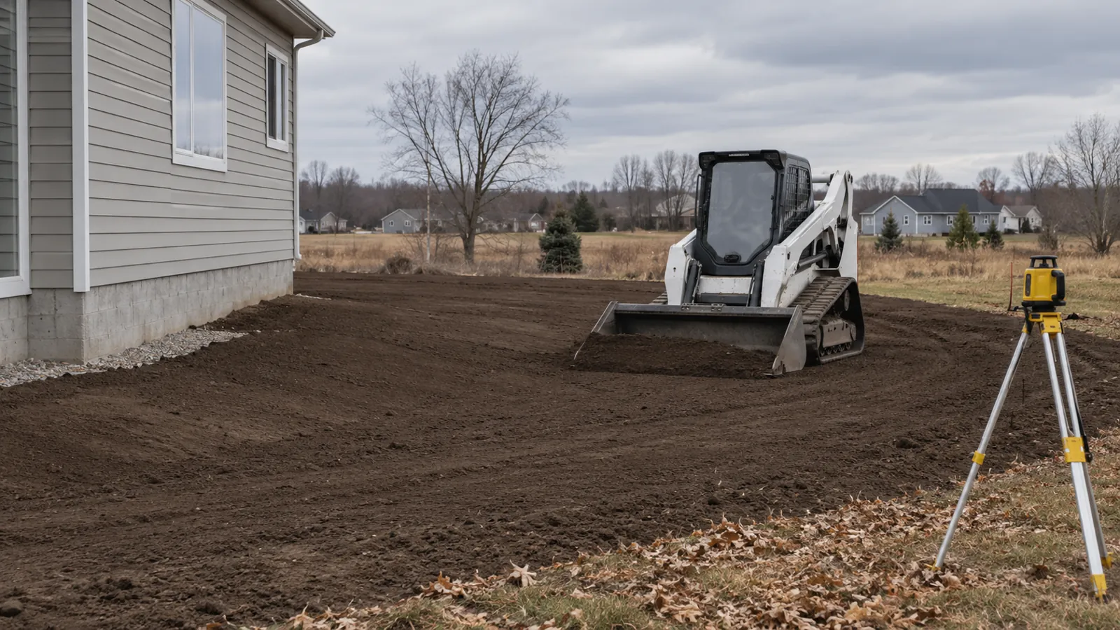 Compact track loader leveling topsoil so the yard slopes away from a new house under late-fall overcast