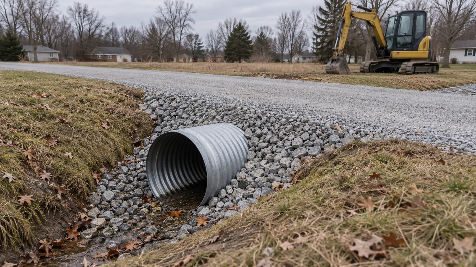 Culvert pipe set in a roadside ditch under a new gravel driveway approach under late-fall overcast