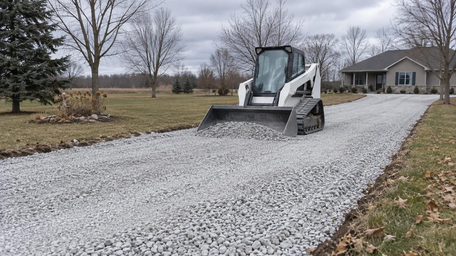 Compact track loader spreading crushed stone for a new gravel driveway base under late-fall overcast