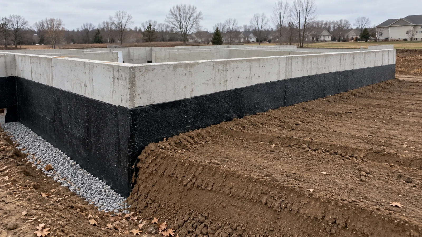 New basement wall with drainage stone and soil placed against it in compacted layers under late-fall overcast