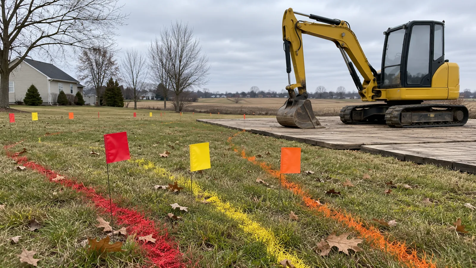 Utility locate flags and paint marks on a lawn with a compact excavator parked behind under late-fall overcast