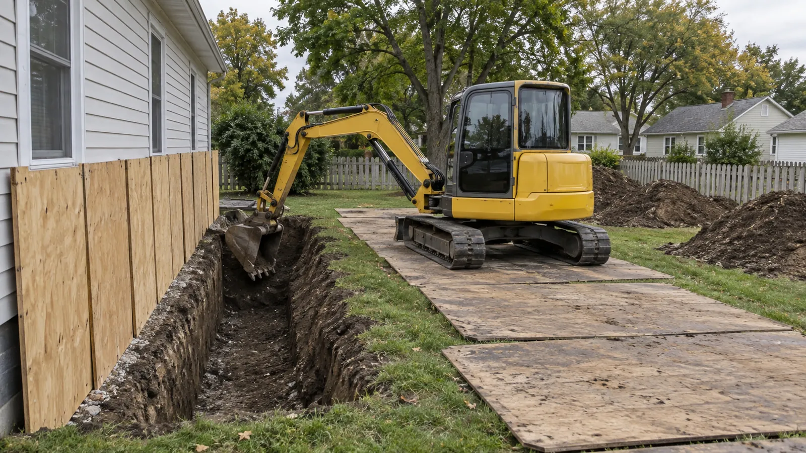 Compact excavator digging footings beside an existing home on ground protection mats in early fall