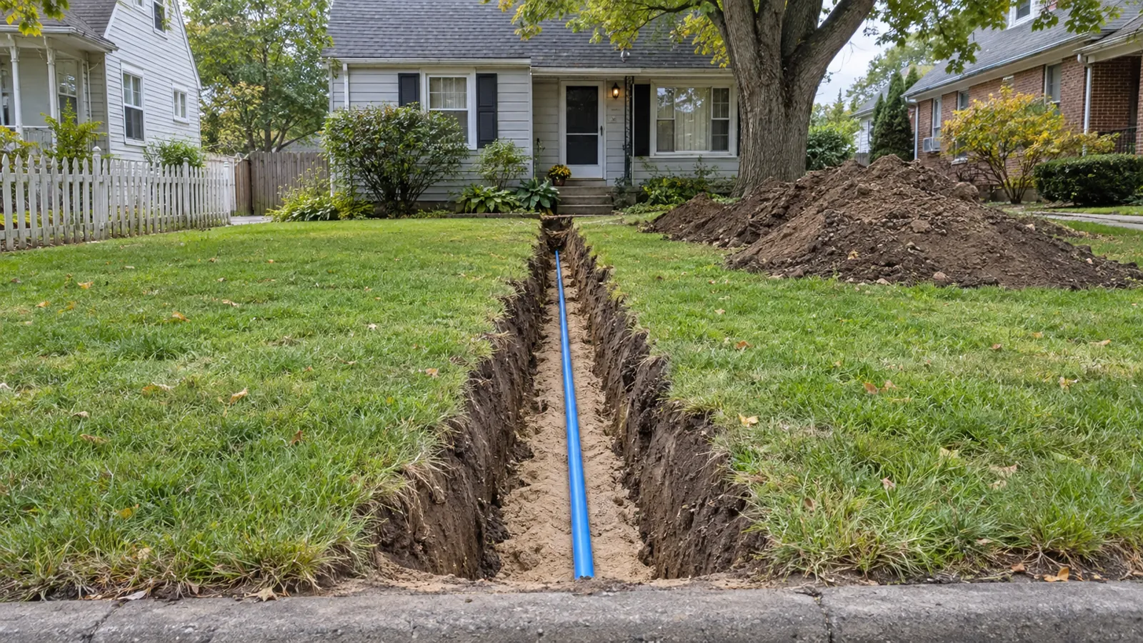Narrow trench with blue water service pipe on sand bedding running toward a house in early fall