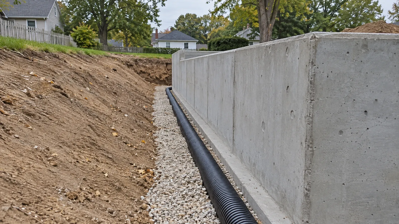 Perforated drain tile in washed stone along the footing of a new foundation wall in early fall