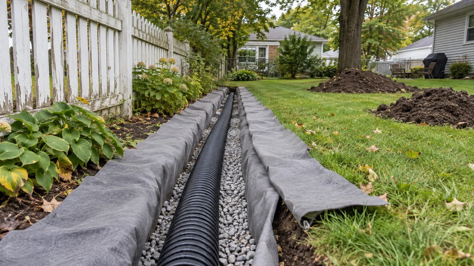 Shallow trench with perforated drain pipe in washed gravel and filter fabric in early fall