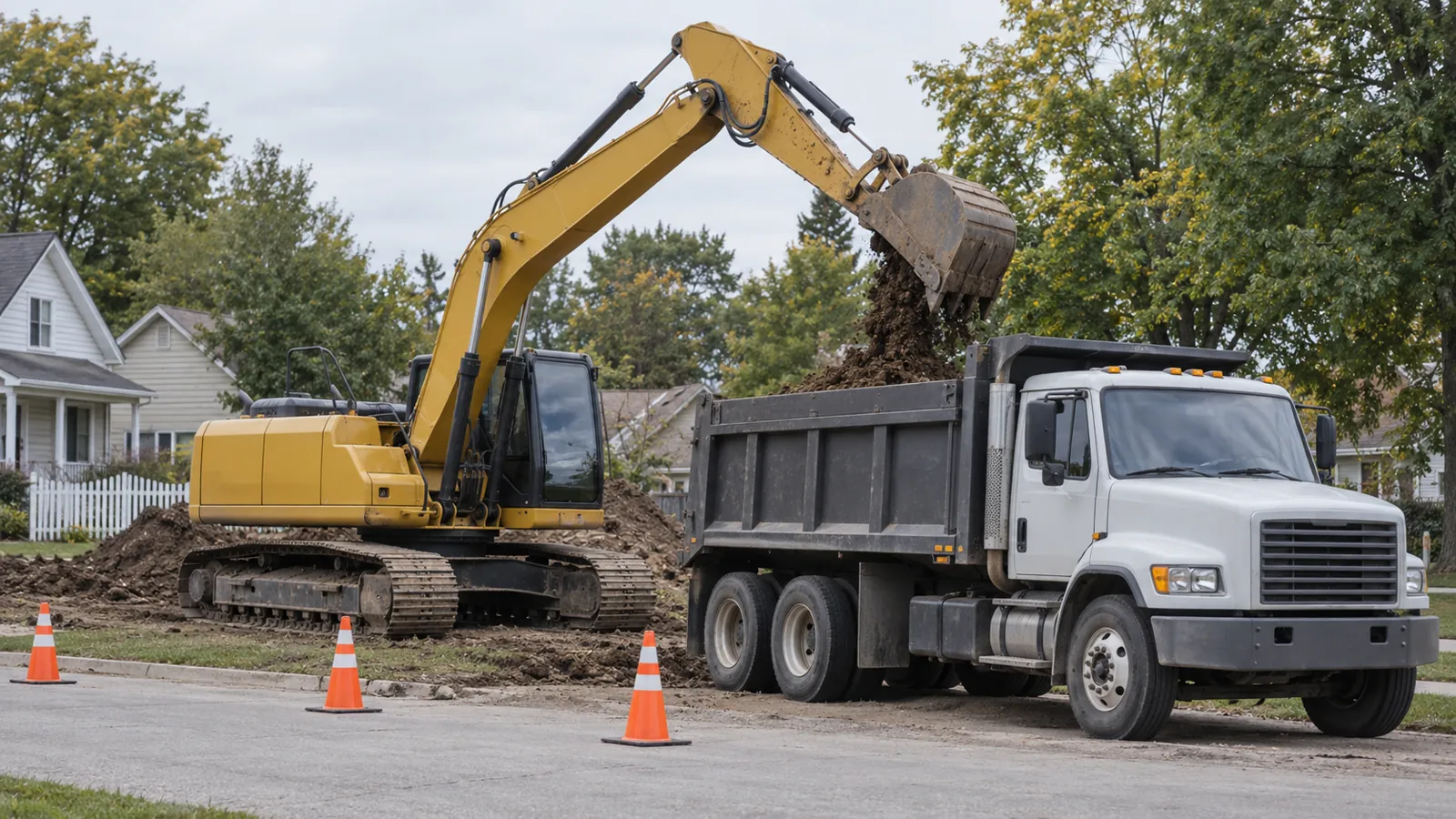Excavator loading excavated soil into a plain dump truck beside a residential lot in early fall