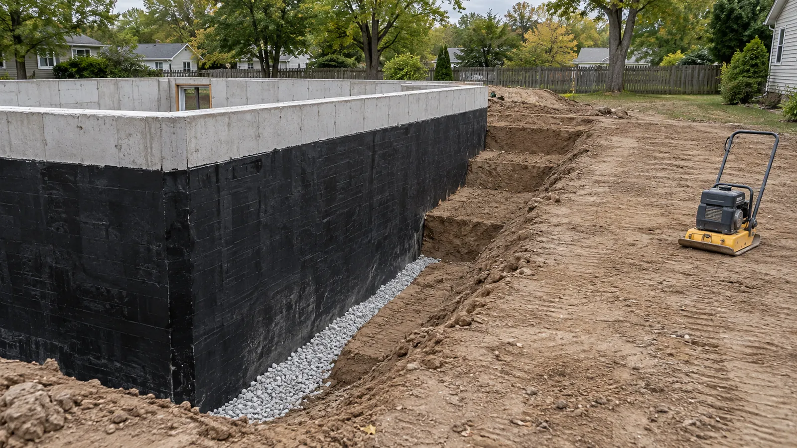 New basement wall with waterproofing and drainage stone at its base, a plate compactor waiting beside the trench in early fall