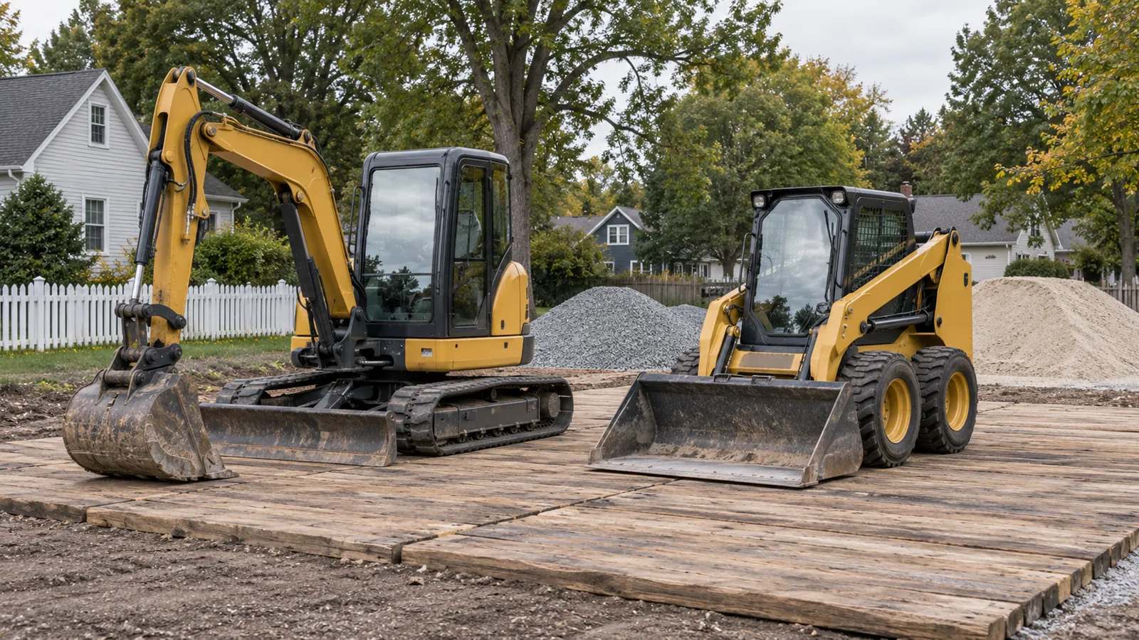 Compact excavator and skid steer parked on timber mats beside stone and sand piles in early fall