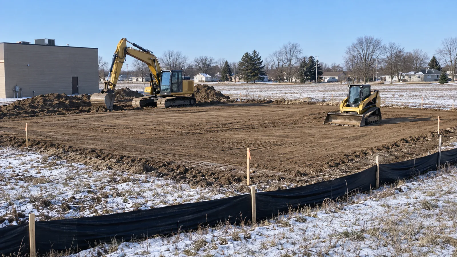 Excavator and track loader shaping a large building pad behind a small commercial building after a light early-winter snow