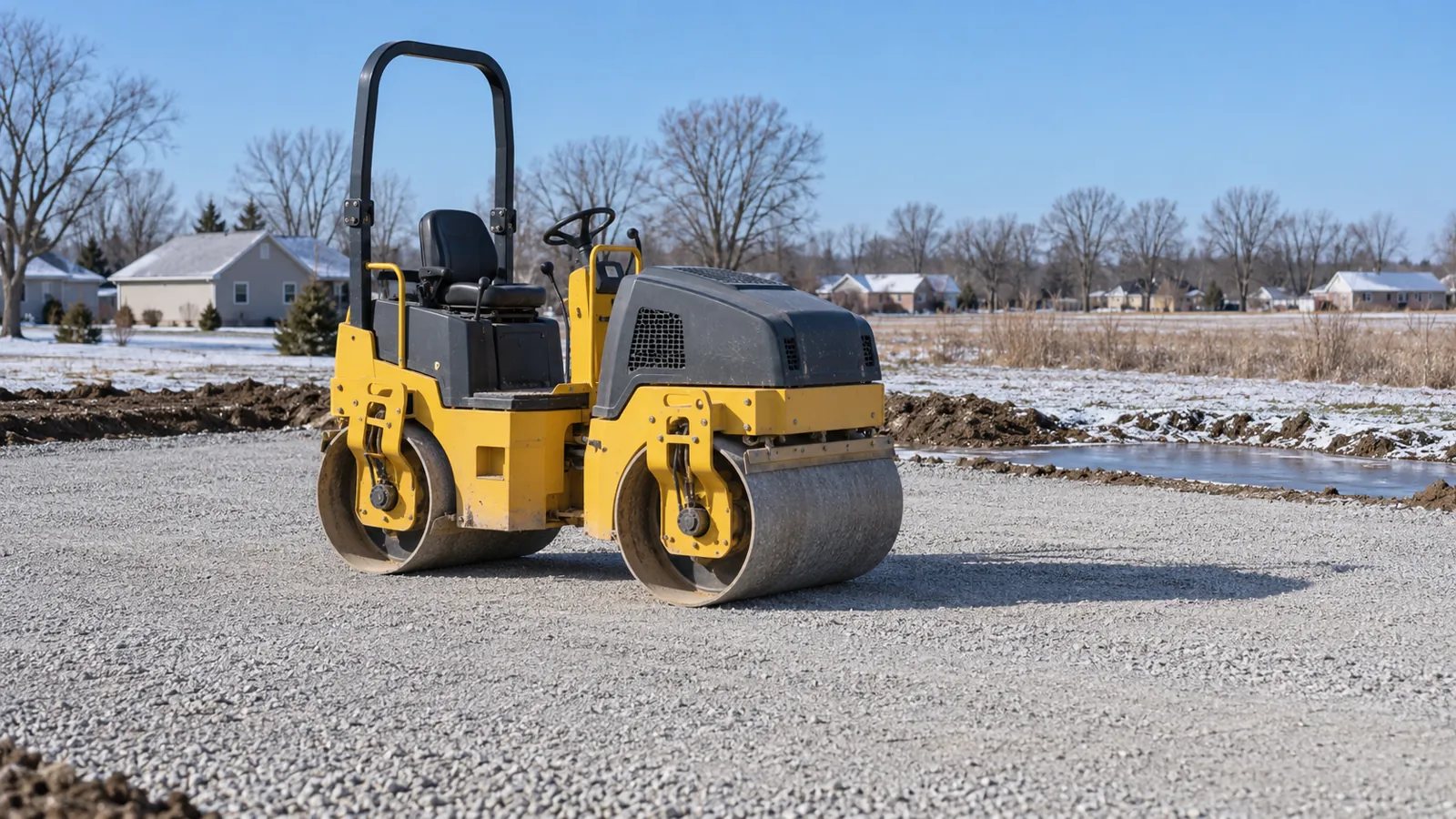 Small roller compacting a crushed stone layer on a level building pad after a light early-winter snow