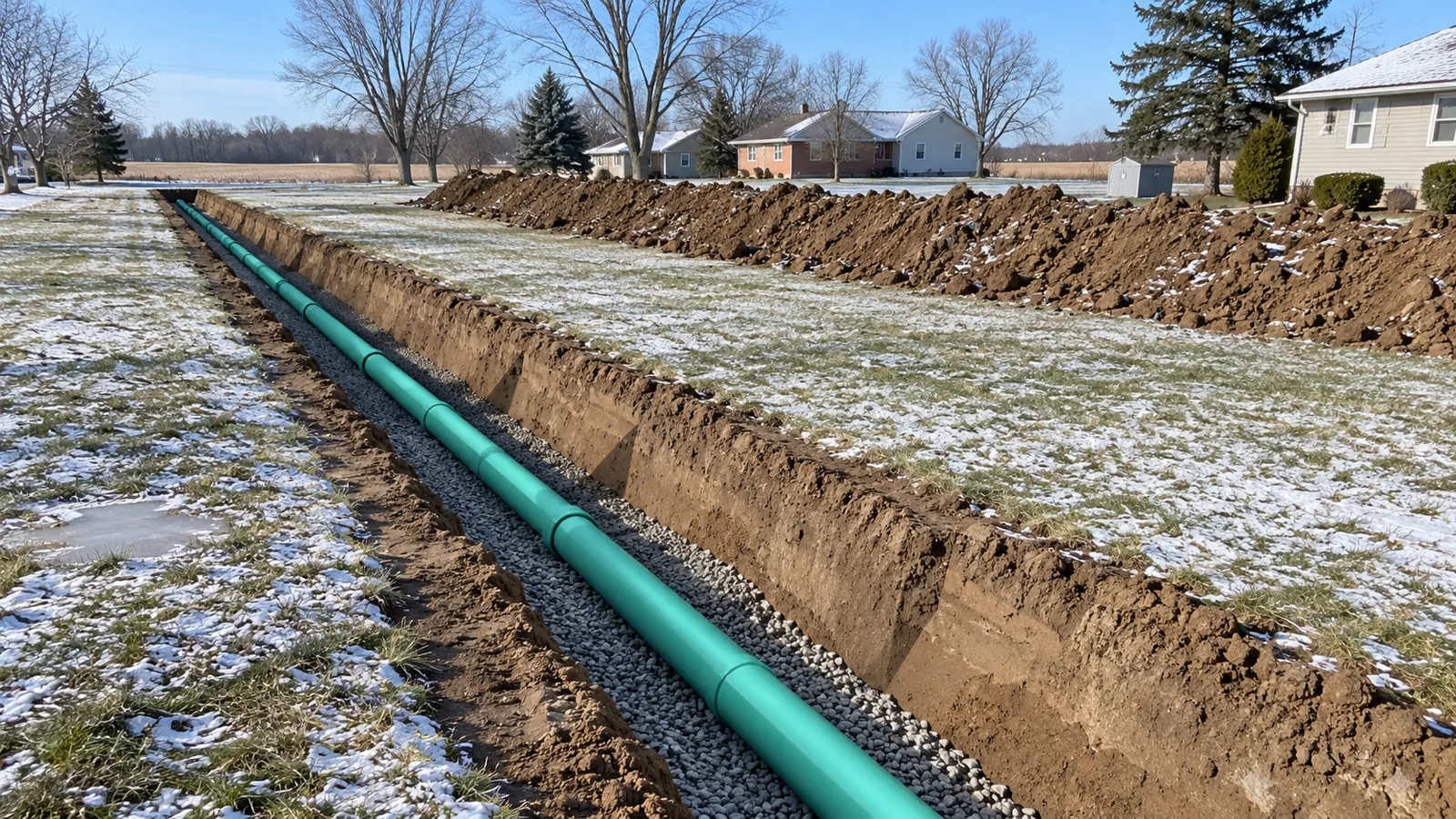 Open trench with sewer pipe on crushed-stone bedding across a yard after a light early-winter snow