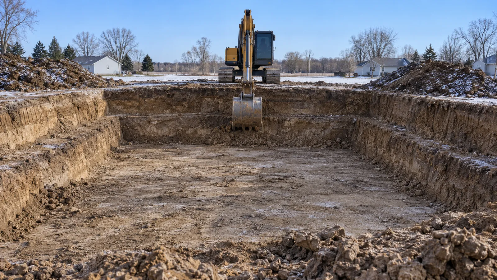 Excavator digging a basement for a new house with spoil set back from the edge after a light early-winter snow