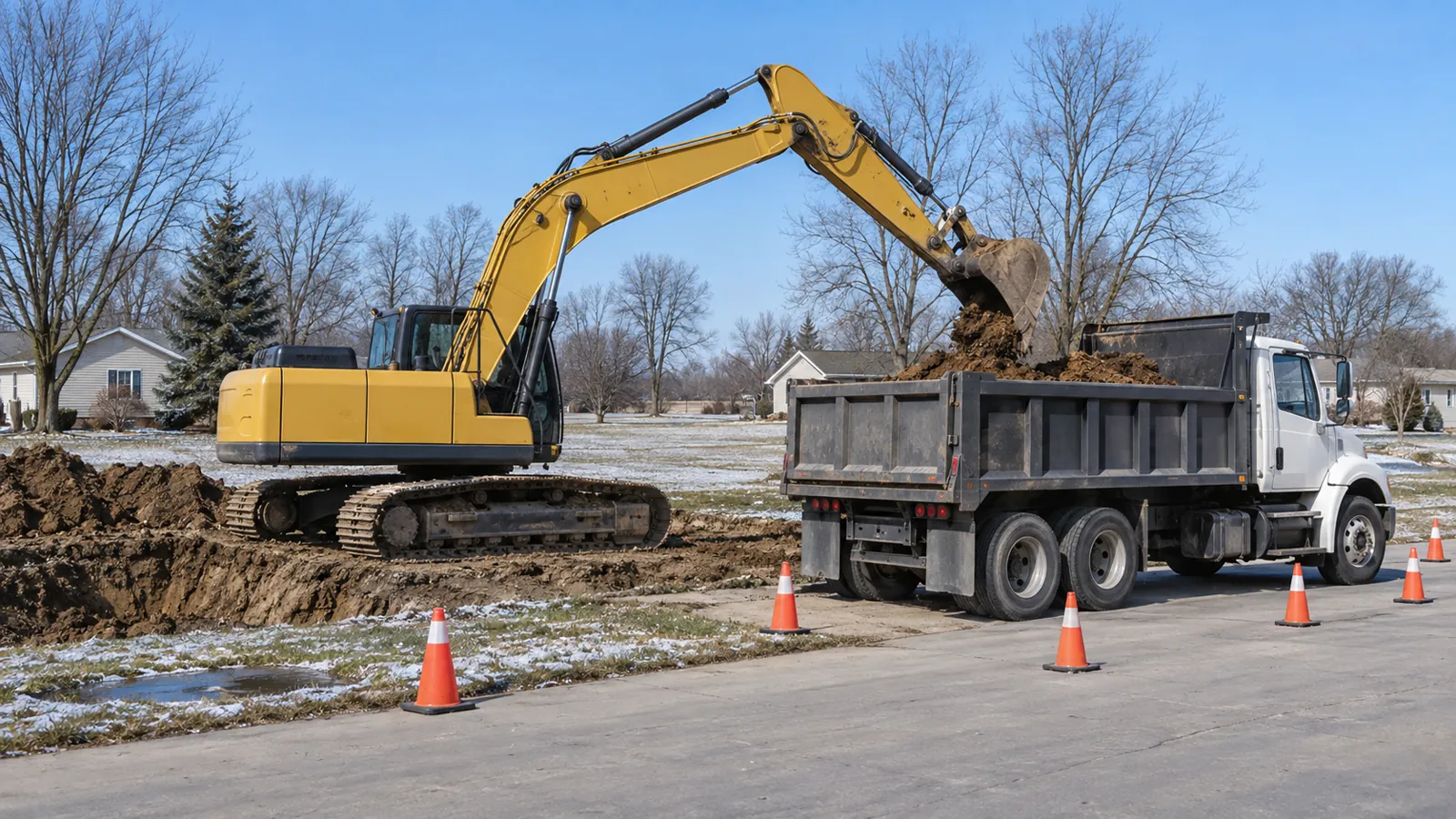 Excavator loading excavated soil into a plain dump truck beside a residential lot after a light early-winter snow