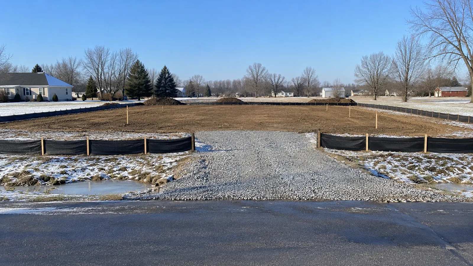 Cleared building lot with silt fence, a stone construction entrance, and corner stakes after a light early-winter snow