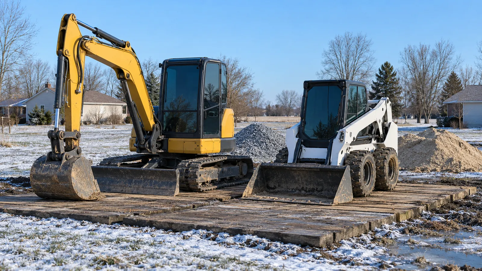 Compact excavator and skid steer parked on timber mats beside stone and sand piles after a light early-winter snow
