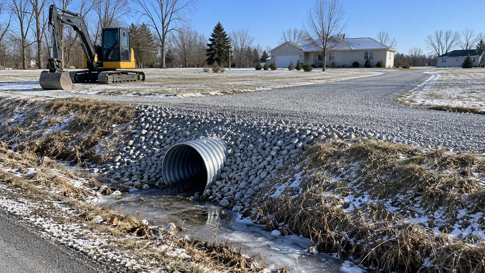 Culvert pipe set in a roadside ditch under a new gravel driveway approach after a light early-winter snow