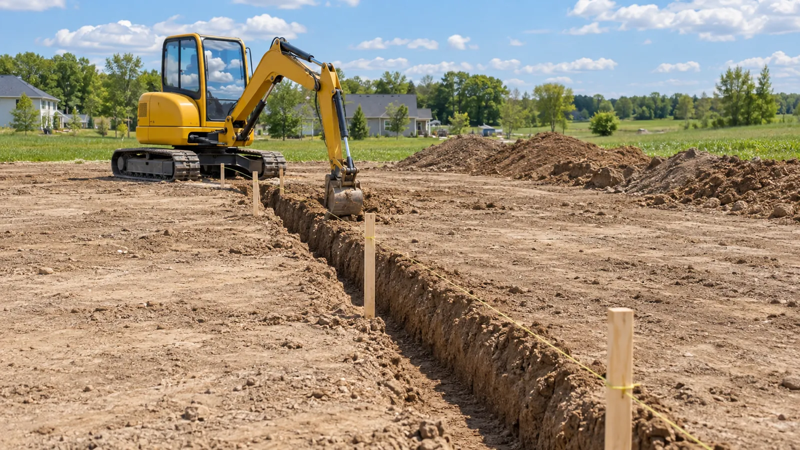 Compact excavator cutting a footing trench beside layout stakes and a string line in late spring