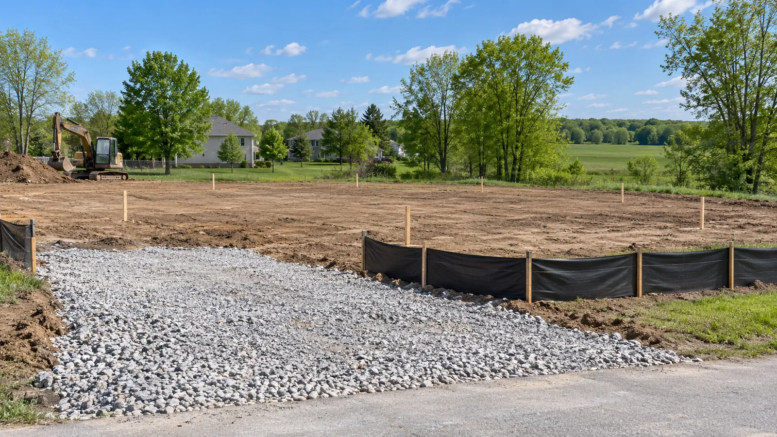 Cleared building lot with silt fence, a stone construction entrance, and corner stakes in late spring