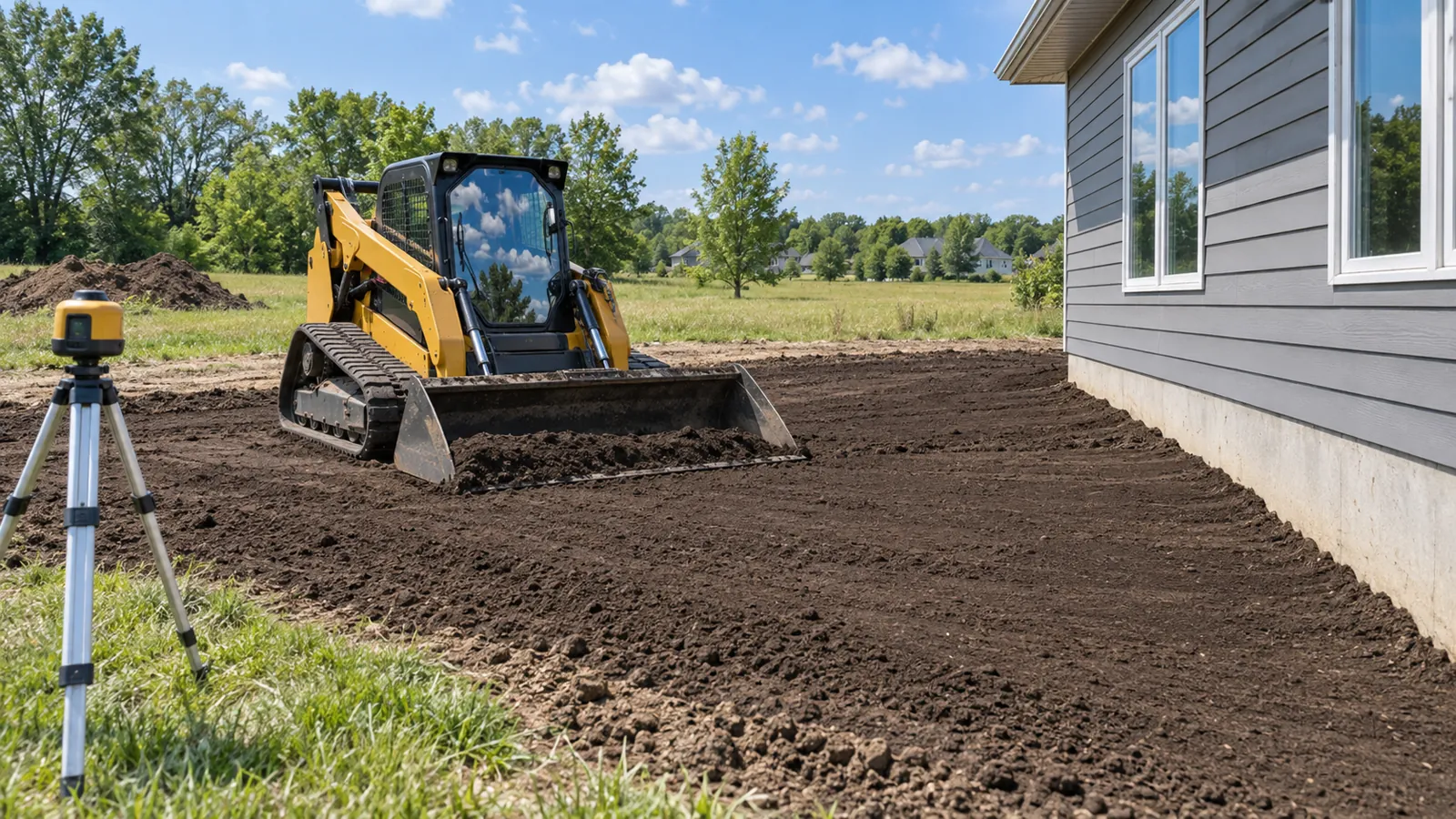 Compact track loader leveling topsoil so the yard slopes away from a new house in late spring
