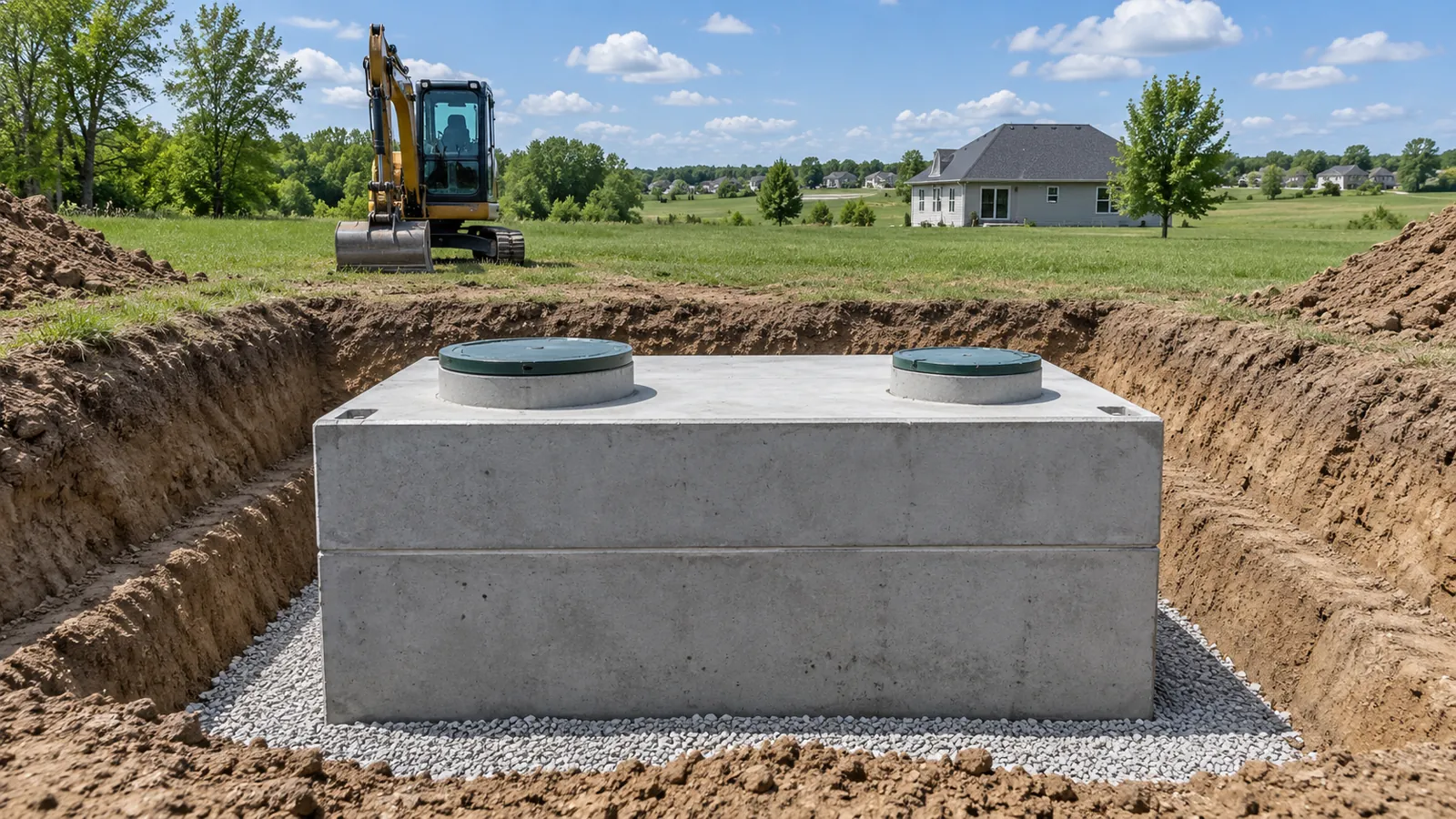 New precast septic tank set level in a neat excavation beside a parked excavator in late spring
