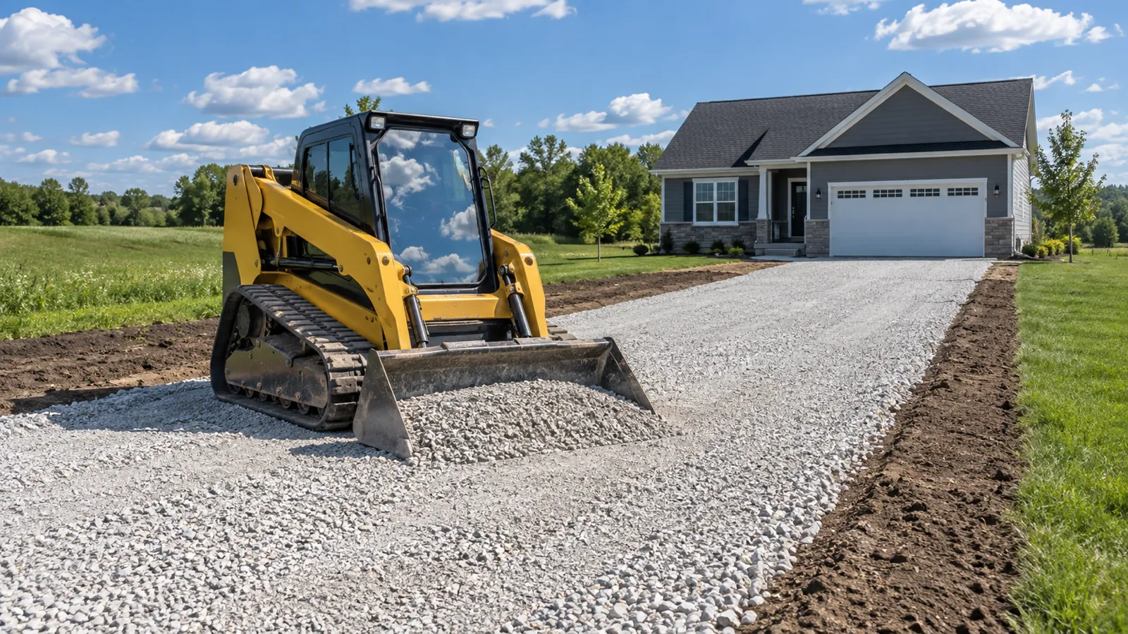 Compact track loader spreading crushed stone for a new gravel driveway base in late spring