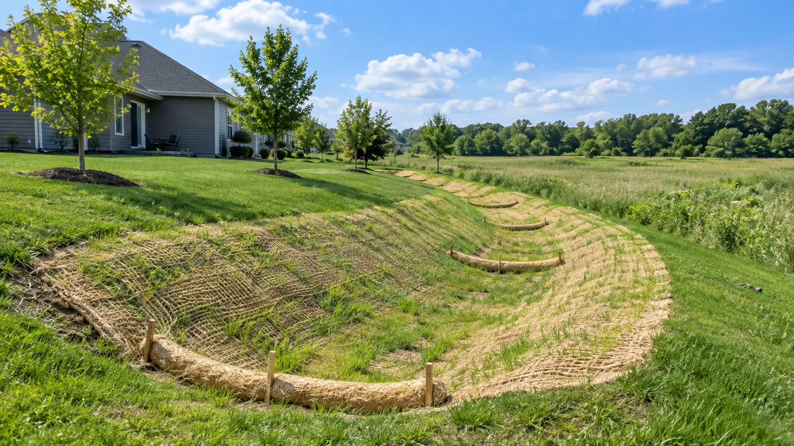 New drainage swale lined with erosion-control blanket and straw wattles in late spring