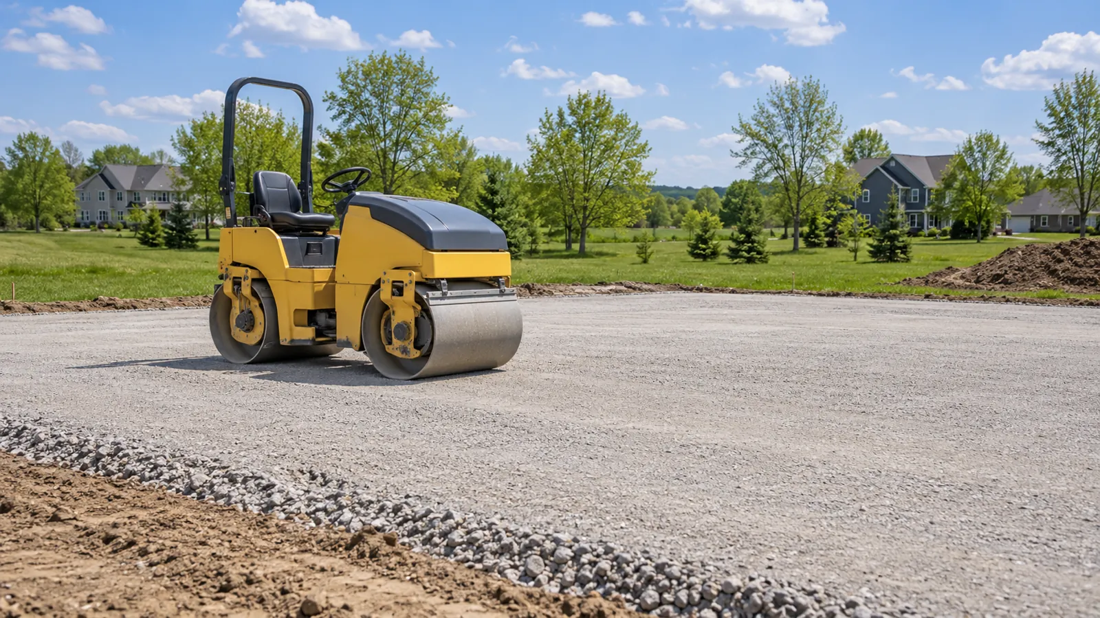 Small roller compacting a crushed stone layer on a level building pad in late spring