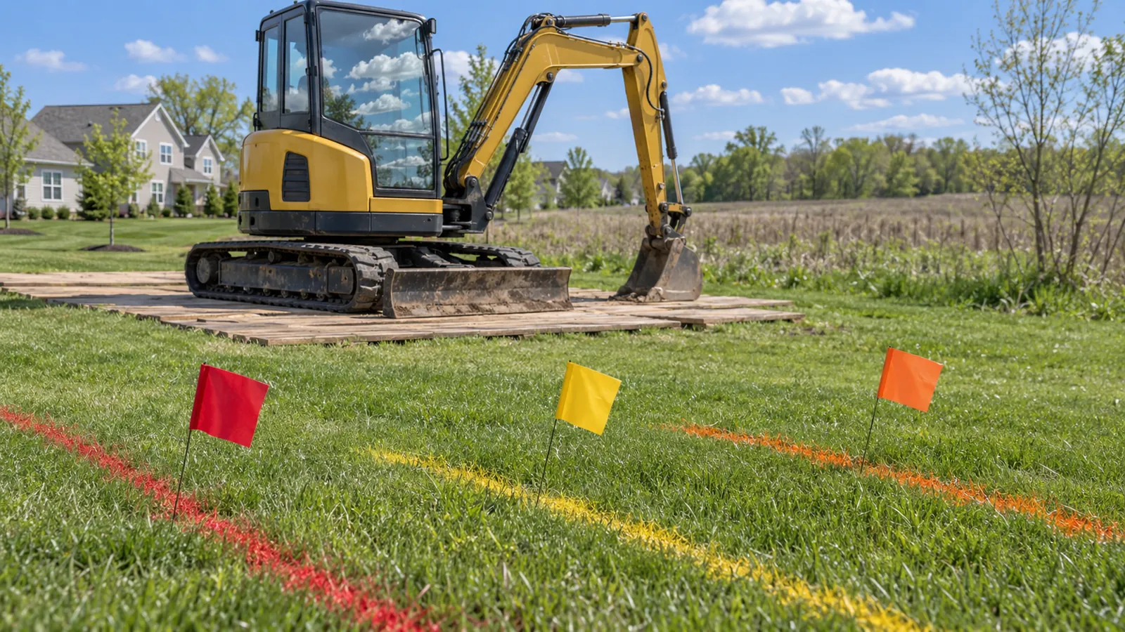 Utility locate flags and paint marks on a lawn with a compact excavator parked behind in late spring