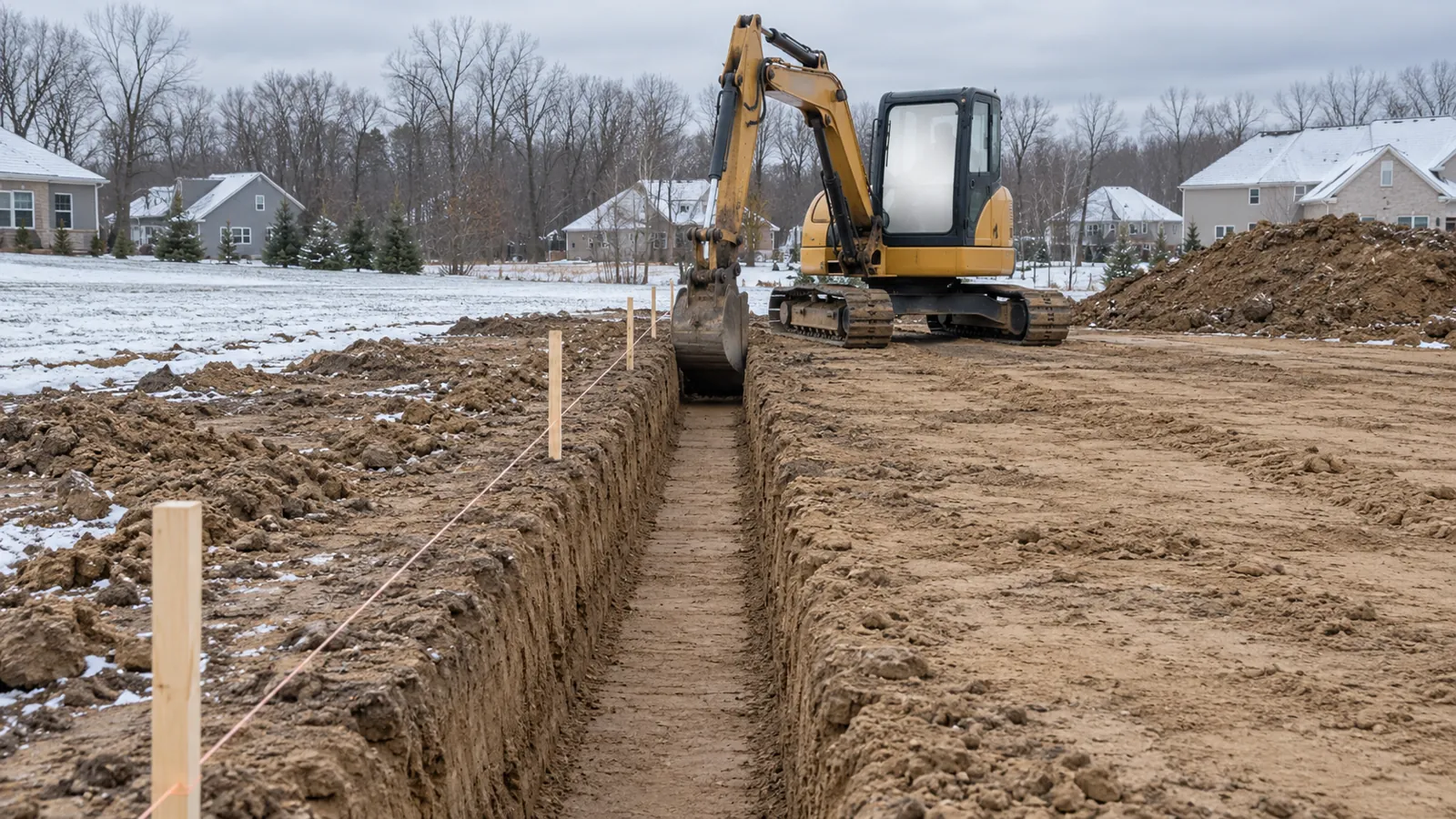 Compact excavator cutting a footing trench beside layout stakes and a string line in early-winter snow