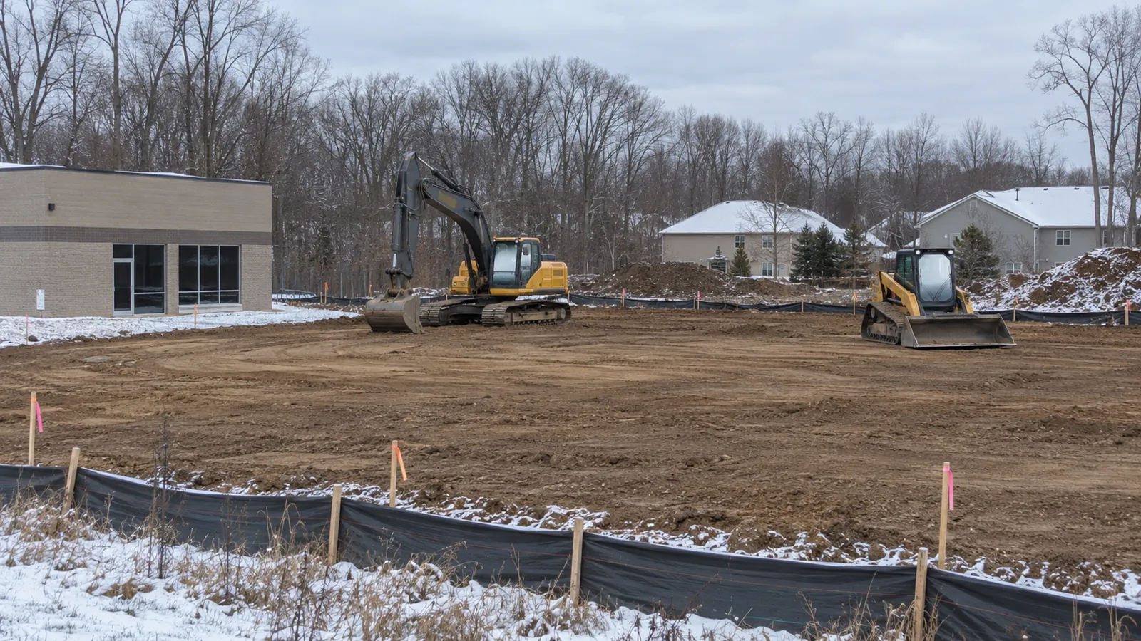 Excavator and track loader shaping a large building pad behind a small commercial building in early-winter snow