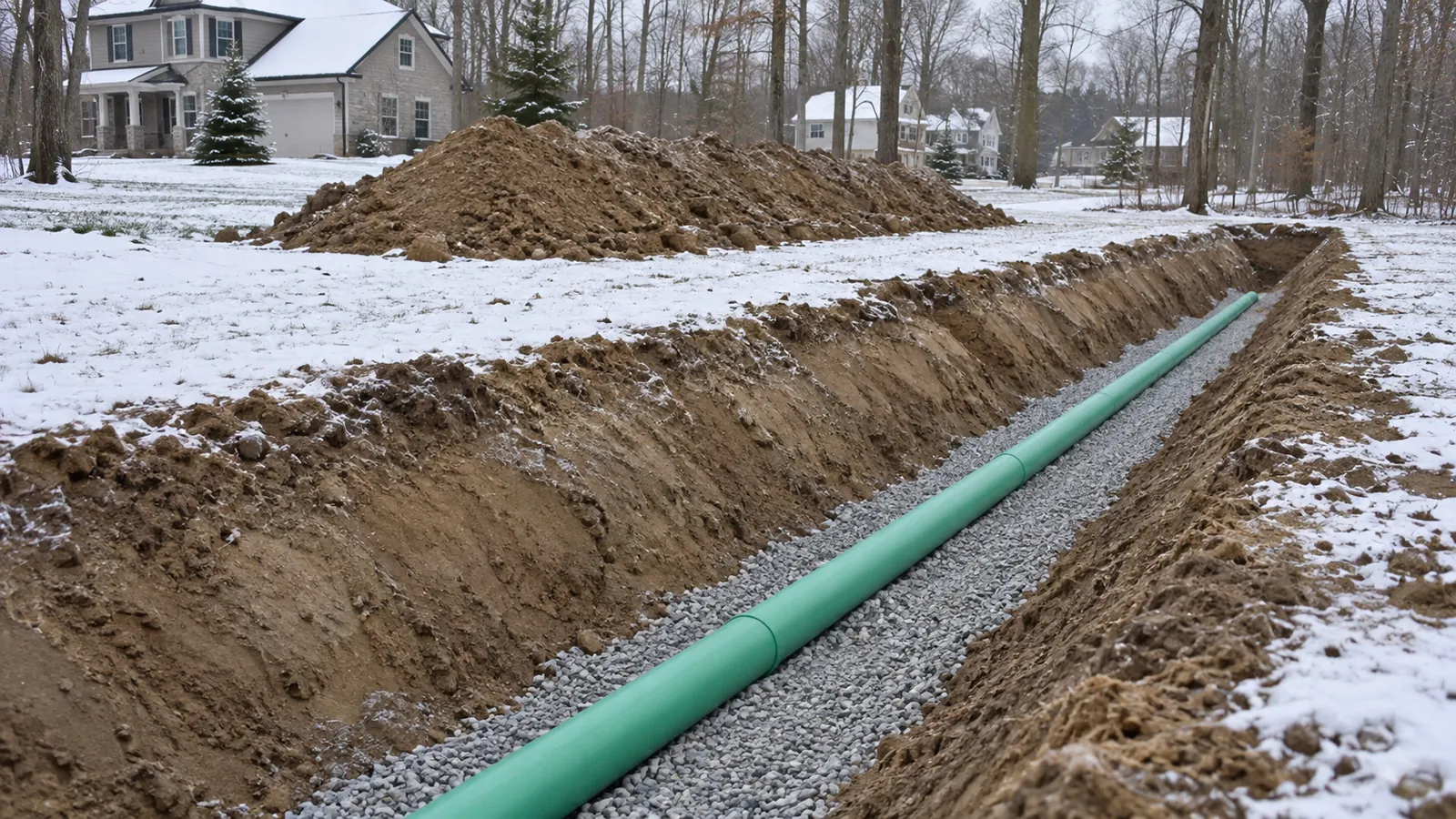 Open trench with sewer pipe on crushed-stone bedding across a yard in early-winter snow