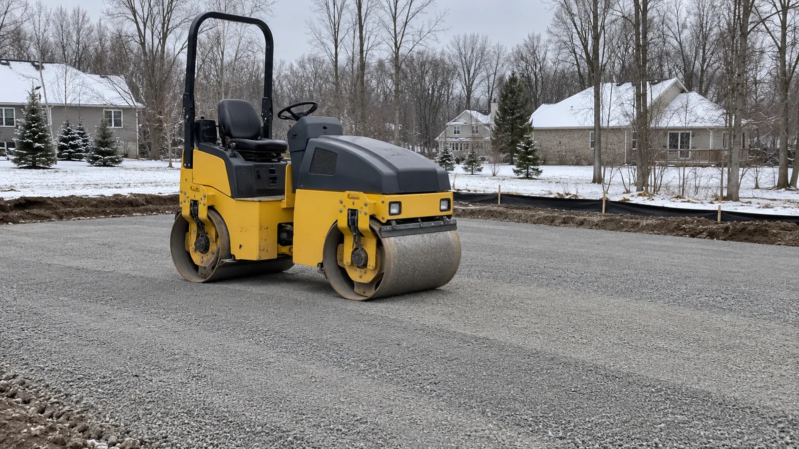 Small roller compacting a crushed stone layer on a level building pad in early-winter snow